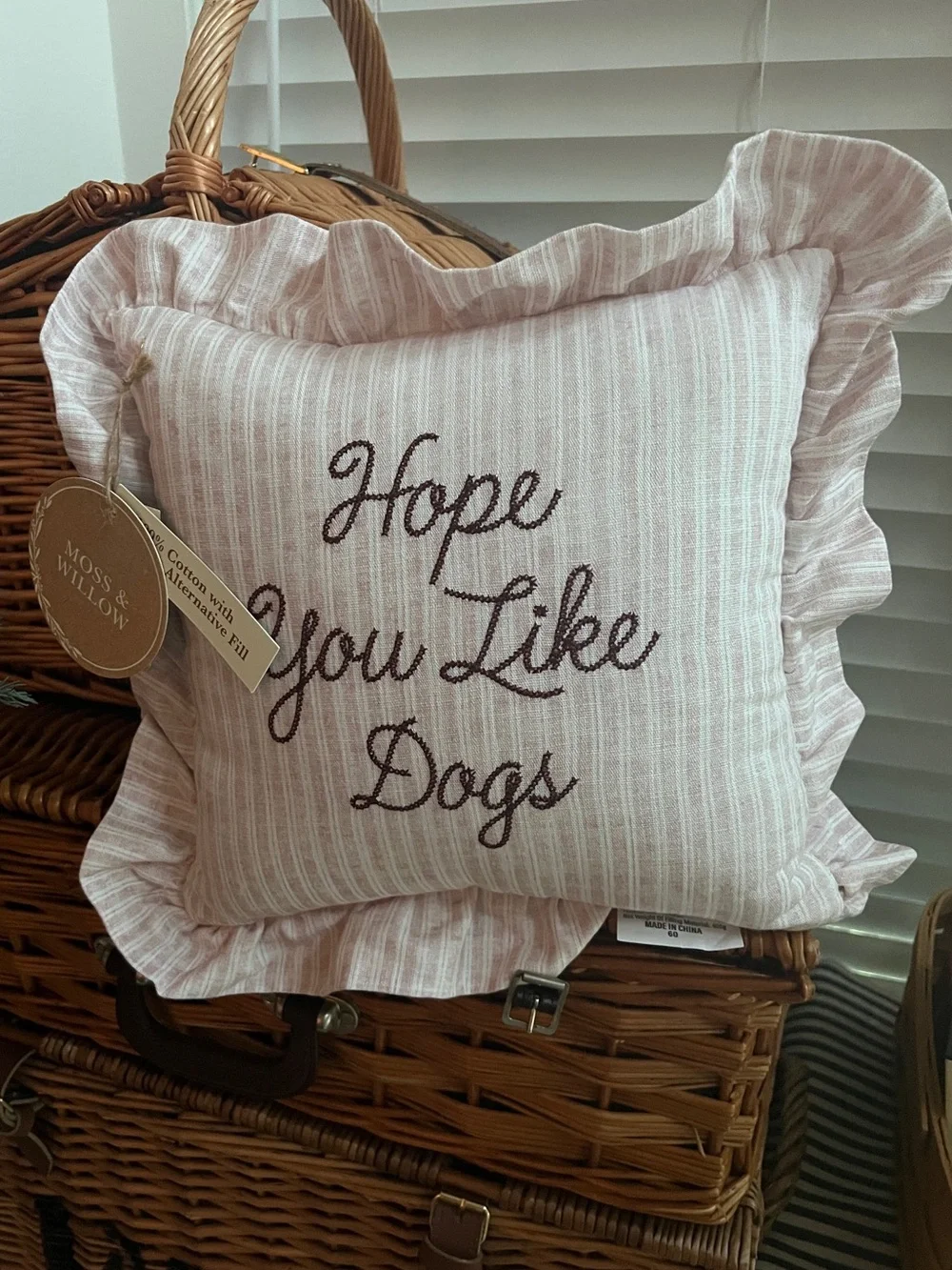 HOPE YOU LIKE DOGS Pink Striped Accent Pillow with Embroidered Text 🆕